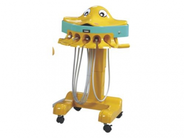 Sillón dental para niños A8000-IB   (unidad dental para niños con sillón en forma de dinosaurio y caja lateral con forma de gato sonriente)