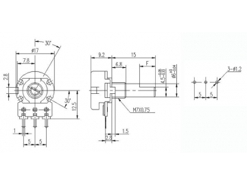 Potenciómetro rotatorio 16mm de eje metal, WH148-1A-2-F