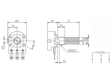 Potenciómetro rotatorio 16mm de eje metal, WH148-1A-10-T