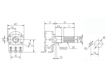 Potenciómetro rotatorio 16mm de eje metal, WH148-1A-10-HR