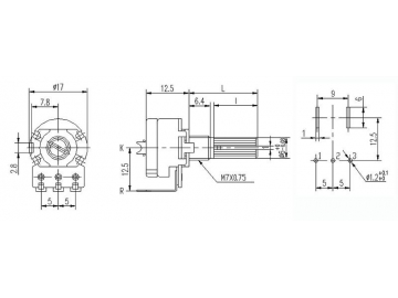 Potenciómetro con switch 16mm de eje metal, 500 ohm, WH148-K2-4