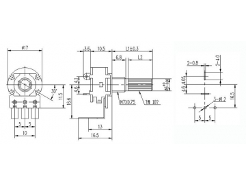 Potenciómetro con switch 16mm de eje metal, 500 ohm, WH148-K4-44