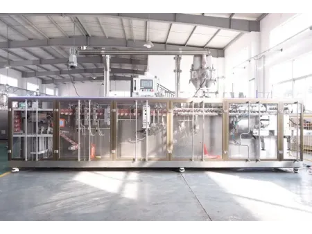 Envasadora horizontal de bolsa stand up con spout, llenado con 2 boquillas