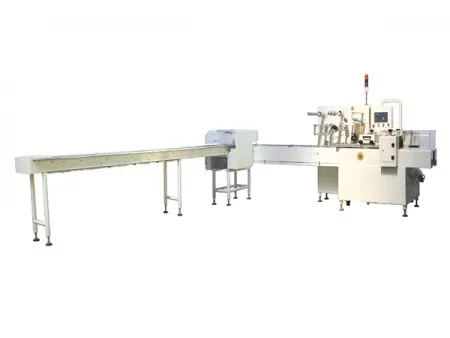 Envasadora horizontal flow pack SF-G sin bandeja con doble canal para galletas en posición vertical