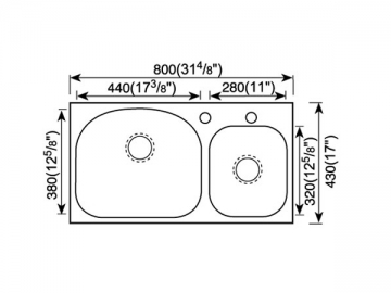 Fregadero con cubeta doble de borde plano